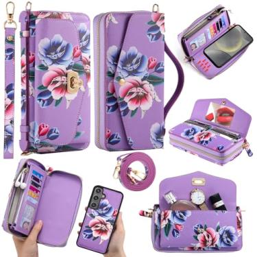Imagem de Furill Capa carteira para Samsung Galaxy S24 5G alça de ombro magnética removível floral couro PU espelho flip zíper bloqueio RFID bolsa capa de telefone para meninas S 24 24S G5 roxo