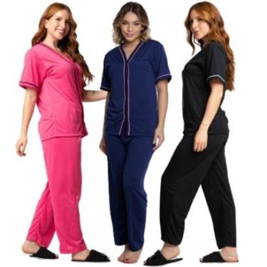 Imagem de KIT 3 Pijama Blogueira Manga Curta Bella Fiore Botões Roupa Para Dormir Inverno Linha Noite-Feminino