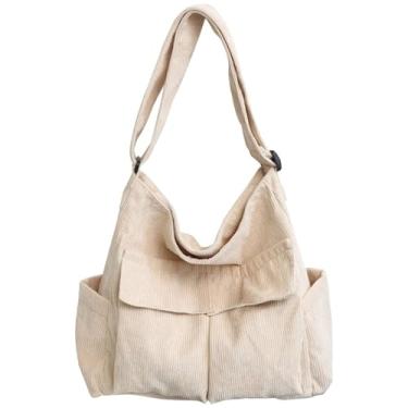 Imagem de Bolsa transversal de lona de veludo cotelê com vários bolsos bolsa de ombro 2025 unissex faculdade casual casal bolsa diária trabalho, B - branco