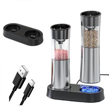 Imagem de VITSOL Conjunto elétrico de moedor de sal e pimenta por gravidade, sem necessidade de bateria, operação com uma mão, moedor automático de sal e pimenta - Moedor de especiarias, luz LED (pacote com 2)