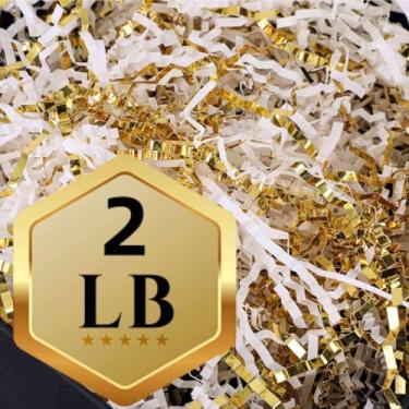 Imagem de PLINJOY Enchimento de papel amassado de 900 g para cesta de presente, caixa de papel de confete desfiado, recheio, cesta de Páscoa, grama (branco dourado)