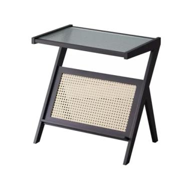 Imagem de Mesa lateral de vime, mesa de canto de bambu com suporte de revista, mesa lateral de sofá com tampo de vidro, mesa de centro boho em forma de Z para quarto, sala de estar, espaço pequeno