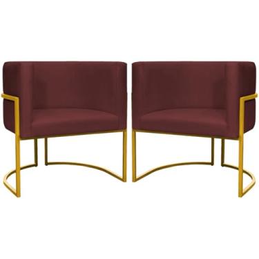 Imagem de Kit 2 Poltronas Decorativa Para Sala Cadeira Recepção Luna Suede Bordô Base Dourada