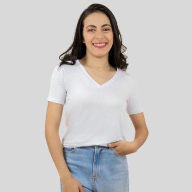 Imagem de Blusa Feminina Básica Manga Curta Decote V Branca - MAYARA MANZANO, Br