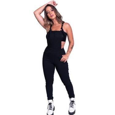 Imagem de Macacão Jardineira Bengaline Liso Feminino Bolso - Vekyo, M, Preto