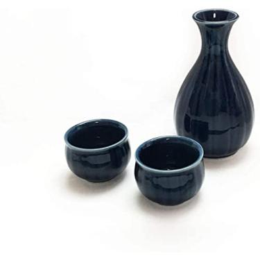 Imagem de Nasukon, roxo escuro, cerâmica tradicional japonesa MINO-YAKI SAKE Conjunto de 3 itens. 1 garrafa e 2 xícaras. Feito no Japão