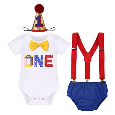 Imagem de IBTOM CASTLE Tema de carnaval de circo, roupa de esmagamento de bolo de 1º aniversário para bebês meninos, suspensórios, chapéu de gravata borboleta, adereços para fotos, fantasia, Azul, 1T