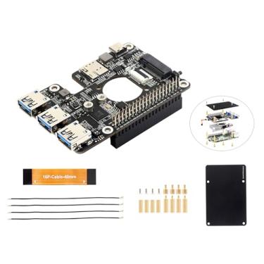Imagem de PCIe para M.2 4G/5G e USB3.2 HAT para Raspberry Pi 5, HAT+ Standard, estende três portas USB 3.2 Gen1, compatível com vários módulos 4G/5G com interface M.2 Key B, vem com antena 5G-4IN1-PCB