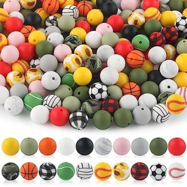 Imagem de Sunrony 100 contas de silicone esportivas de 15 mm, contas de silicone para fabricação de chaveiros, bola de tênis, beisebol, contas de silicone para fabricação de colares e pulseiras