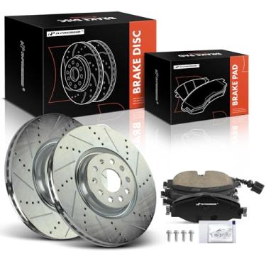 Imagem de A-Premium Rotores de freio a disco dianteiro perfurado e ranhurado de 340 mm + kit de pastilhas de cerâmica compatível com modelos selecionados Volkswagen - Golf 2019-2021, GTI 2015-2018, conjunto de