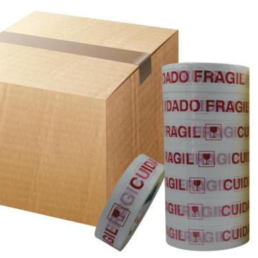 Imagem de Fita Cuidado Frágil 300 Mts Grande Branca Embalagem Segura - Comercial