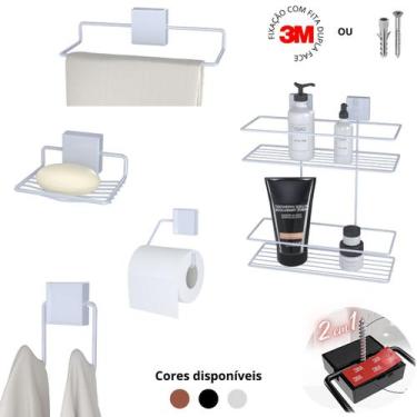 Imagem de Kit Acessório Banheiro 5 Peças Autocolante 3M Porta Shampoo Toalha Sab