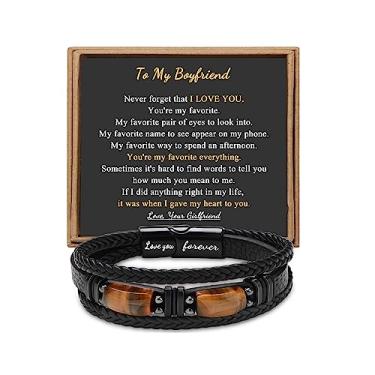 Imagem de x:li x:li para homens Pai, namorado, filho, neto, irmão, amo-te, eterno, olho de tigre, pedra do dia dos pais, aniversário, aniversário, Natal, joia preta, 19 cm, 7.5 inches, Couro, Sem pedras preciosas