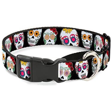 Imagem de Buckle-Down Coleira de cachorro martingale com contorno de crânio de açúcar, preto/multicolorido, 2,54 cm de largura - serve para pescoço-médio de 28-43,18 cm