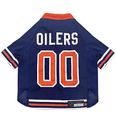Imagem de Pets First Camisa de malha NHL Hockey Edmonton Oilers para cães e gatos, tamanho pequeno, camiseta licenciada para cães com seu time de hóquei favorito