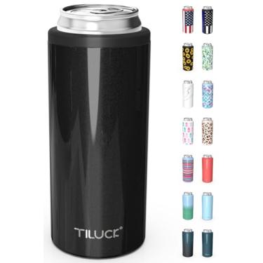 Imagem de TILUCK Cooler de lata skinny para cerveja fina e seltzer duro, aço inoxidável, latas finas isoladas de aço inoxidável de parede dupla, padrão 355 ml (preto purpurino)