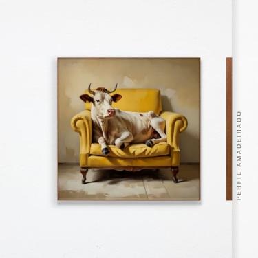 Imagem de Quadro Vaquinha Lilu em Canvas 100% Algodão com Moldura Canaleta, Impressão em (Amadeirado, 77x77, Emoldurado)