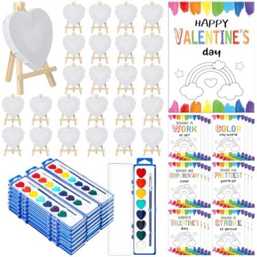Imagem de Fullhawl 24 conjuntos de presente de dia dos namorados para crianças, cartões de pintura de presente de dia dos namorados, painel de lona com cavalete de madeira, kit de pintura em aquarela e pincel