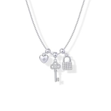 Imagem de PAVOI Colar feminino com pingente de amor ajustável banhado a ródio | Conjunto de pingente de coração inchado, cadeado e chave | Pingentes de colar de amor modernos, 18 Inches, Ouro branco, Zircônia