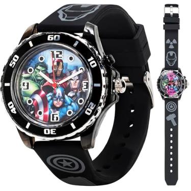 Imagem de Marvel Relógio infantil The Avengers AVG3508 com pulseira de borracha preta, Preto, Movimento de quartzo