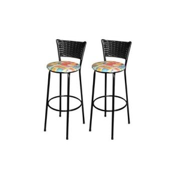 Imagem de Jogo 2 Banqueta Alta Para Cozinha Ratan Preta Estofado Cerveja - Lamar