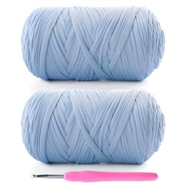 Imagem de Pacote com 2 fios de camiseta para crochê - 800 g/260 m para sacos de crochê/cestas/decoração de casa - camiseta de tecido elástico macio com 1 gancho de crochê (2, azul claro)