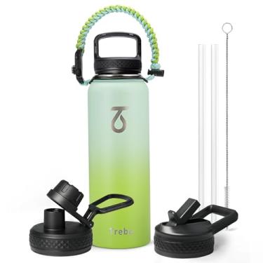 Imagem de Garrafa térmica de água Trebo com tampa e canudo, esportiva, de aço inoxidável com parede dupla a vácuo, alça de paracord, mantém quente 24 h/frio 48 h, jarra com 3 tampas, 1,2 L, verde-escura