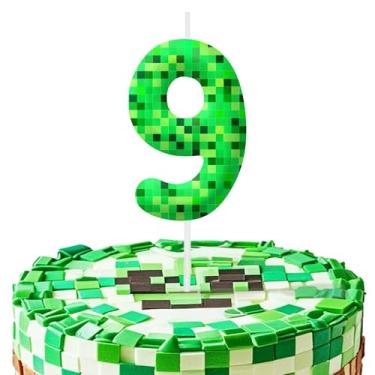 Imagem de Velas com número de 9 anos da Green Pixel, decorações de topo de bolo de vela número 9 para festas temáticas de jogos de pixel verde, velas de bolo de aniversário para meninos e meninas, suprimentos