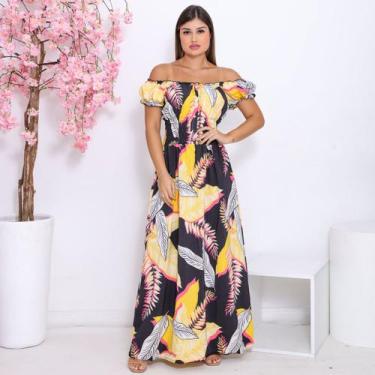 Imagem de Vestido Feminino Longo Ombro a Ombro Manga Curta Estampado Floral Silh
