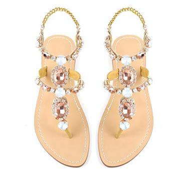 Imagem de Sandália feminina gladiadora de strass ZhuLinFeng Pingtan Sandália de casamento pérola brilhante madrinha sandália azul boêmia, Champagne, 10.5