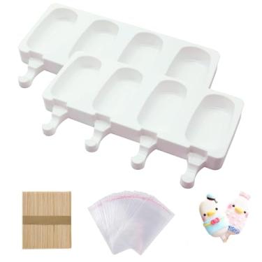 Imagem de Conjunto de 2 moldes de picolé, molde de silicone para bolos, molde oval para sorvete, 50 palitos de madeira, 50 sacos para picolé DIY
