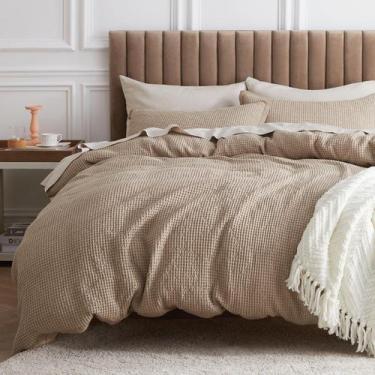 Imagem de Conjunto de capa de edredom Bedsure Cotton Waffle Weave Khaki King Siz