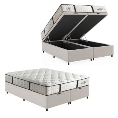 Imagem de Cama Box Baú Casal King Colchão Molas Ensacadas Gazin Com Pillow Veneza 193x203x71cm Branco / Marrom
