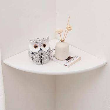 Imagem de Prateleira de canto, prateleira de canto flutuante de madeira de carvalho maciça branca suporte de parede prateleira de alto-falante flutuante de extremidade redonda prateleira de exibição para