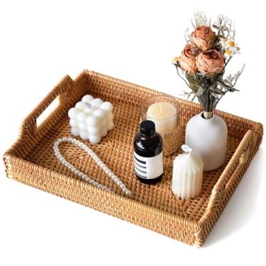 Imagem de Bandeja de vime retangular com alças, bandeja de tecido natural de vime feita à mão, bandejas de vime para armazenamento de decoração, bandejas de cesta de mesa de café para café da manhã, pão e