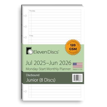 Imagem de Eleven Discs Agenda mensal do ano acadêmico de julho de 2025 a junho de 2026, Monday Start, tamanho júnior, dois estilos (separados, livreto), papel de caderno pesado premium para Circa, Arc, TUL (40