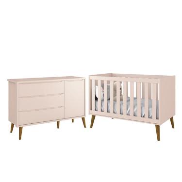 Imagem de Jogo de Quarto Infantil Theo Retrô Cômoda 1 Porta e Berço com Pés Amadeirado - Reller Móveis Rosa Fosco
