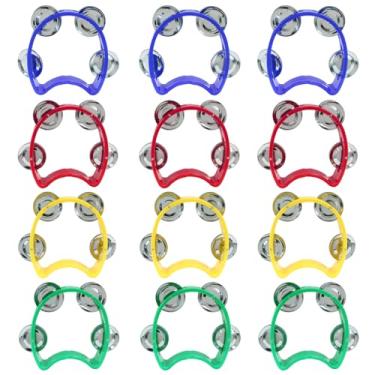 Imagem de Jiozermi 12 Pandeiros de Percussão de Plástico, Pandeiros Portáteis com 4 Sinos, Instrumentos Musicais para Crianças, Adultos, Escola e Festa (3 Conjunto de 4 Cores)