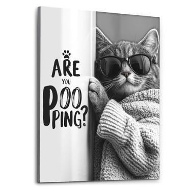 Imagem de Deveosa Arte engraçada de parede de banheiro - Placa de gato está fazendo cocô exclusiva em preto e branco para pinturas de banheiros, placas de tela de animais, decoração de imagens, decorações 30,5