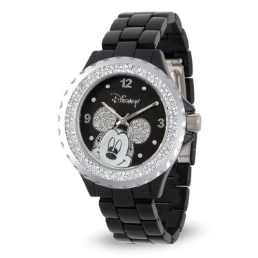 Imagem de Disney Relógio feminino 56270-1B Mickey Mouse com strass acentuado preto esmaltado brilhante, Prata, NO SIZE, Relógio Mickey Enamel