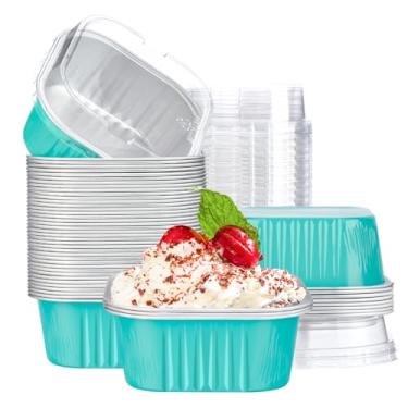 Imagem de EUSOAR Copos de cozimento de folha de alumínio com tampas, azuis de 290 ml, 50 peças, copos de creme brulee, ramequins descartáveis, copos de muffin para assar, formas quadradas de cupcake, mini