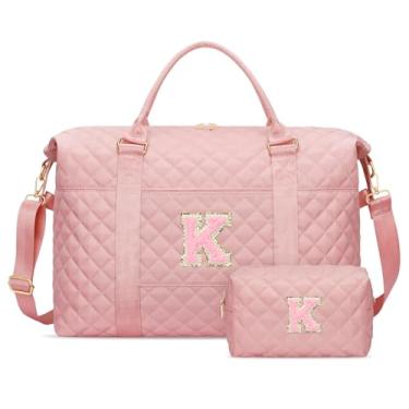 Imagem de CLOUDWINGS Bolsa de viagem inicial para meninas, presente para filha, crianças, adolescentes, esposa, mulheres, bolsa de mão personalizada para o fim de semana com bolsa de maquiagem, rosa, K