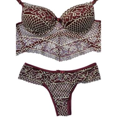 Imagem de Conjunto Lingerie Cropped Luxo Sensual Renda Vinho/OffWhite - Patricia