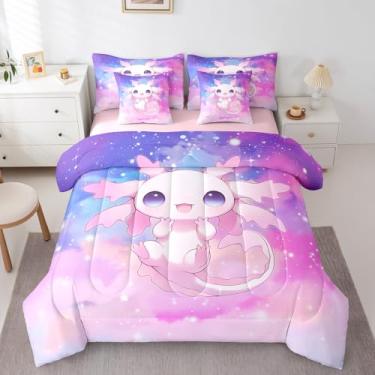 Imagem de Erosebridal Jogo de cama de desenho animado Axolotl Queen fofo com estampa de axolote kawaii rosa em uma bolsa, arco-íris, tie dye, animal, com edredom