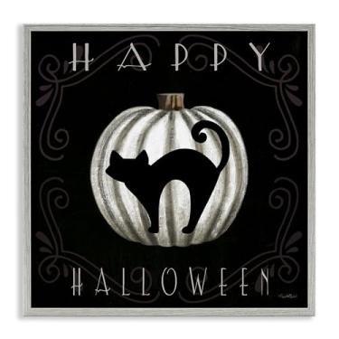 Imagem de Stupell Industries Arte giclée emoldurada Happy Halloween Cat & Pumpkin Gray, design por Elizabeth Tyndall, 17 x 17
