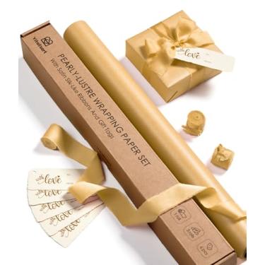 Imagem de Vitalizart Conjunto de papel de embrulho dourado de 43 cm com fita de cetim semelhante a seda e etiquetas de presente, reciclável, ecológico, presente de Natal, aniversário, chá de bebê, casamento,