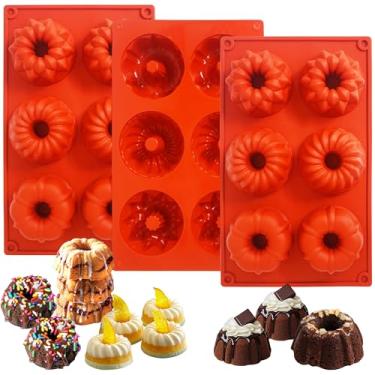 Imagem de 3 formas de bolo mini bundt para assar, formas de silicone com tubo canelado, 6 cavidades, mini formas antiaderentes para fazer cupcake, pão de milho, brownie, donuts, geleia (vermelho (A))