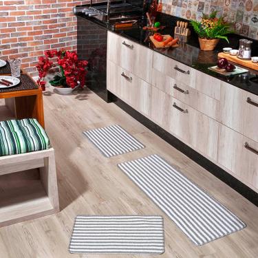 Imagem de Kit Tapete Cozinha 3 Peças Listras Prata Modelo Ouro