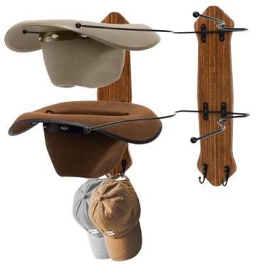 Imagem de WRINGKIT Conjunto de 2 suportes de chapéu de cowboy para parede, cabide rústico de metal ocidental com placa de madeira maciça, comporta até 4 chapéus e 8 bonés de beisebol, organizador de chapéus de
