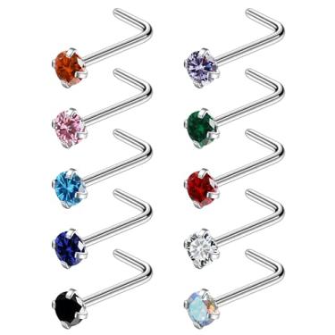 Imagem de Ruifan ASTM F136 Anéis de nariz de titânio 18 G, 20 G, 22 g, cor mista, zircônia, piercing de nariz, parafuso, em forma de L, hipoalergênico, joia para mulheres 1,5 mm, 2 mm, 2,5 mm, 3 mm, 10 peças
